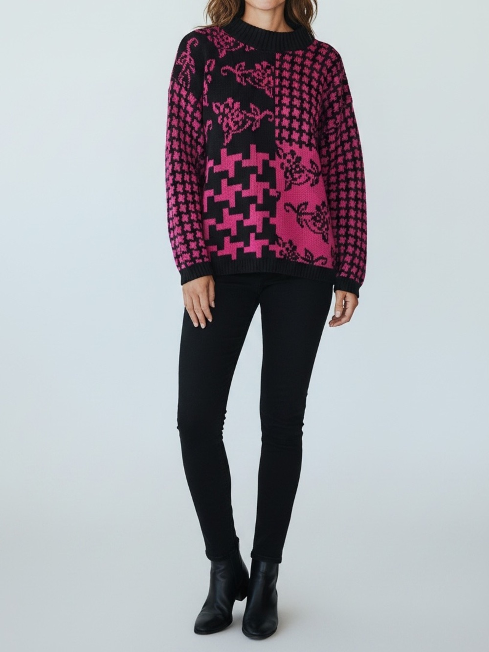 Vintage 90s Jam Knits Pink Black Graphic Sweater Large USA